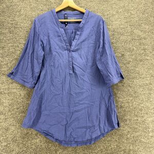 West Marine Blouse Women XL Blue V-Neck 3/4 Sleeve Cotton Casual Solid Button